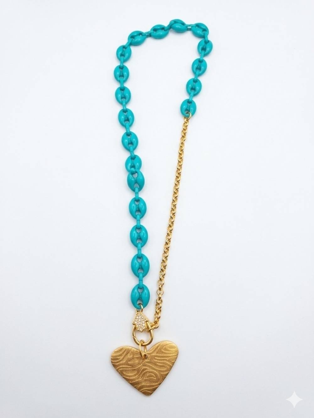 Gold Heart Pendant Necklace with Turquoise Chain - Women Jewelry